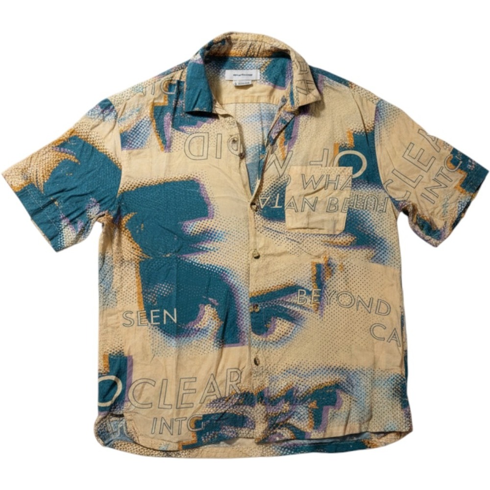 Urban Outfitters Graphic Eye Print Shortβ Sleeve Button Down Shirt Tan Teal L